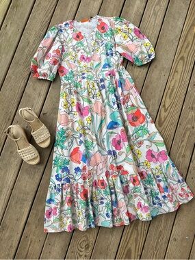 Oliphant Puff Sleeve Maxi Dress Zinnia Floral Print M